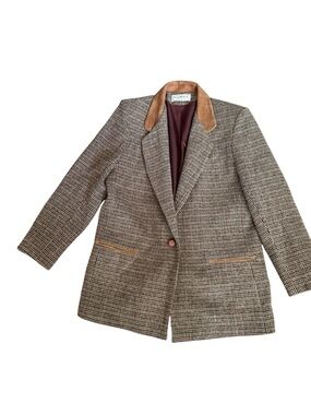Dumas Vintage Brown Houndstooth Blazer Coat with Suede Collar
